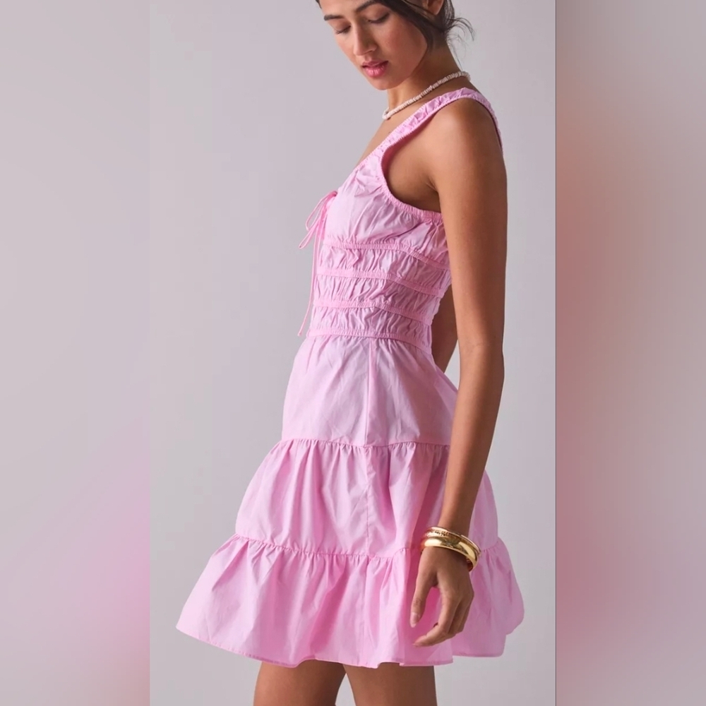 UO Glamorous Candy Pink Cotton Poplin Ruched Mini Dress - Picture 3 of 5